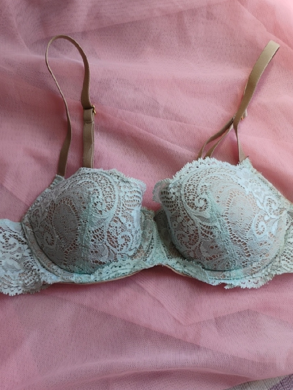 ThirdLove Mint Lace Balconette Bra with Beige Straps Size 32B1/2